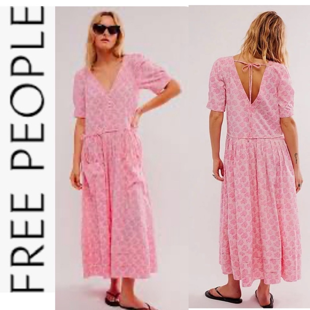NWT Free People There She Goes Pink Floral Short Sleeve Maxi Dress s